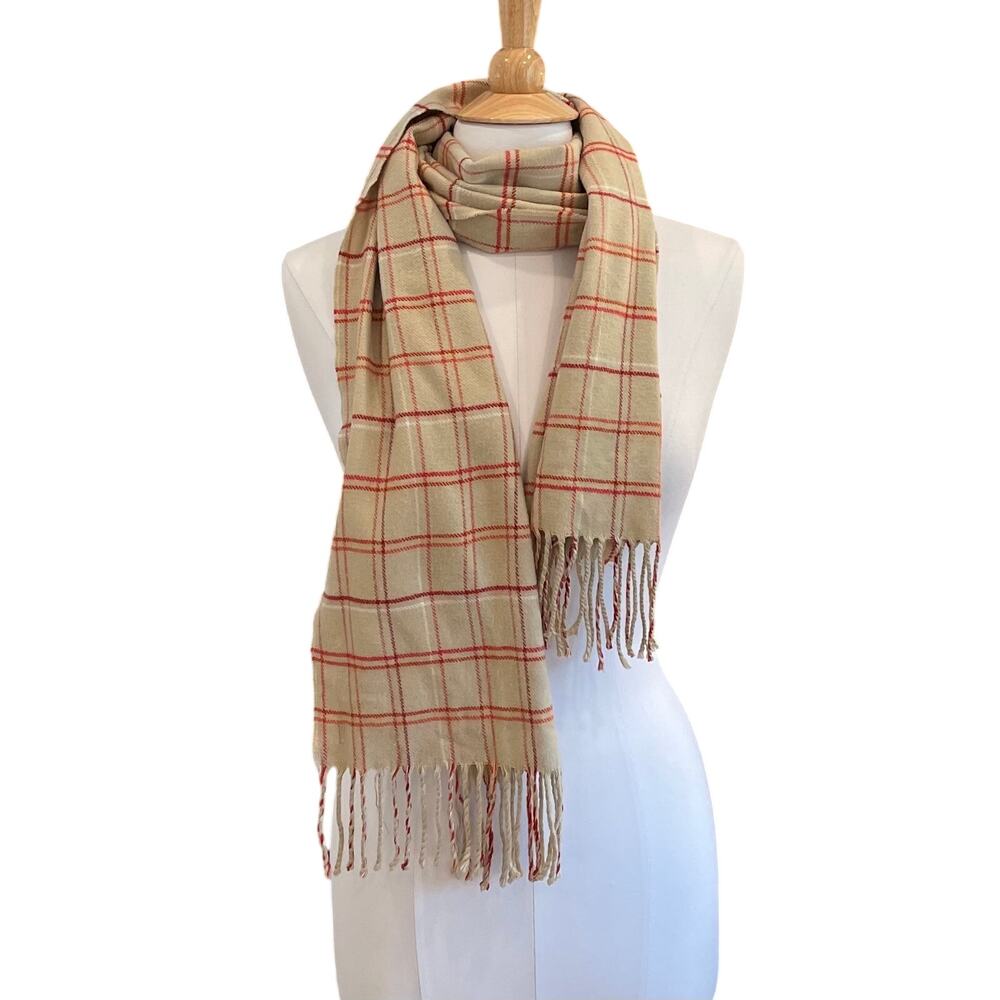 Lands' End Tan, Red Plaid Scarf with Fringe, Unisex, OS, Preppy, Casual